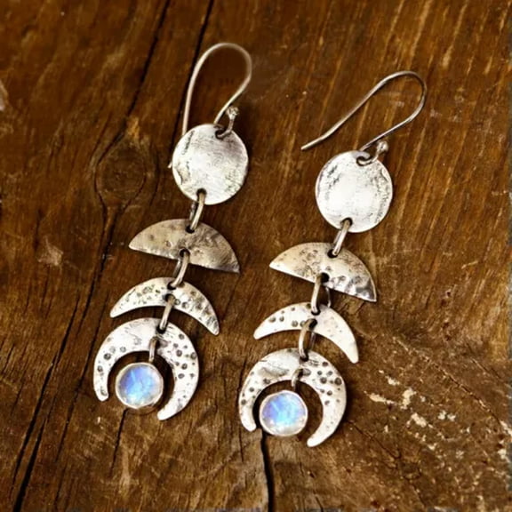 HOOUN Bohemian Moon Phase Moonstone Earrings Fashion Women's Vintage Jewelry Gifts-Silver