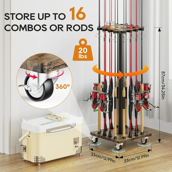 Fishing Rod Rack for 16 Poles - 360° Rotating Base, Wooden Storage Stand for Garage, Fishing Equipment Organizer