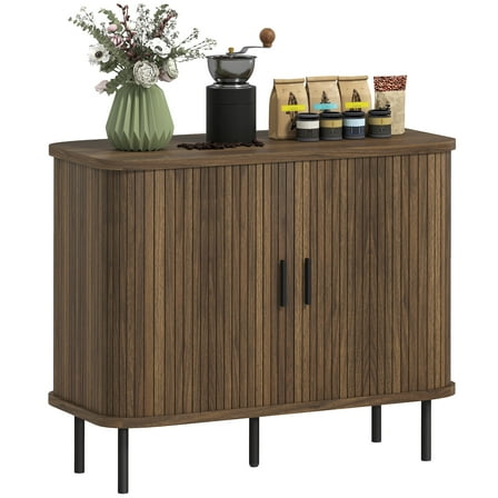 HOMCOM 35.4" Sideboard Buffet Cabinet, Slatted Kitchen Cabinet, Walnut