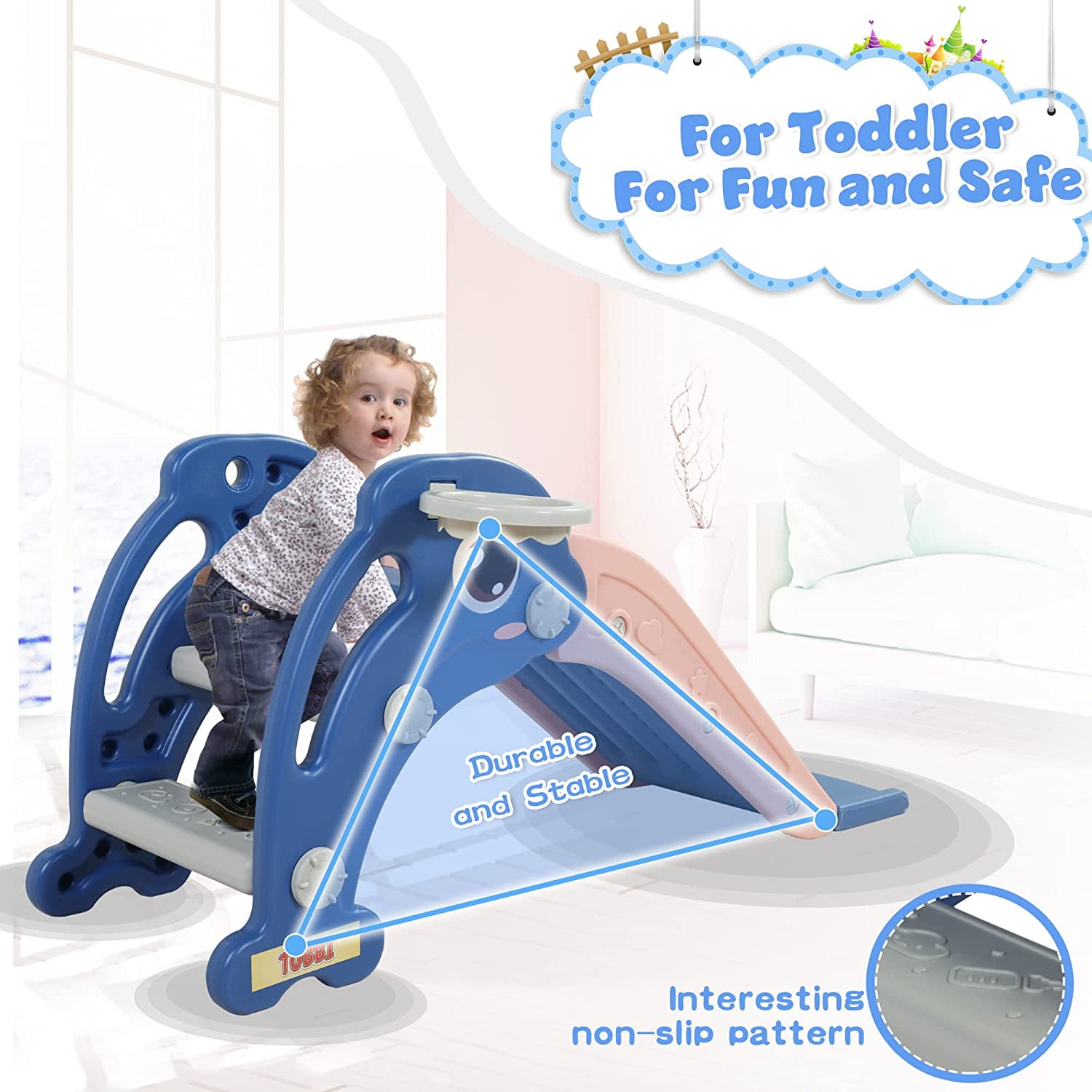 CIPACHO Kids Slide for Indoor and Outdoor, Freestanding Slide for Toddler Playground Slipping Slide Climber Toy Playset with Basketball Hoop & Ball, Blue CIPACHO Kids Slide for Indoor and Outdoor, Freestanding Slide for Toddler Playground Slipping Slide Climber Toy Playset with Basketball Hoop & Ball, Blue
