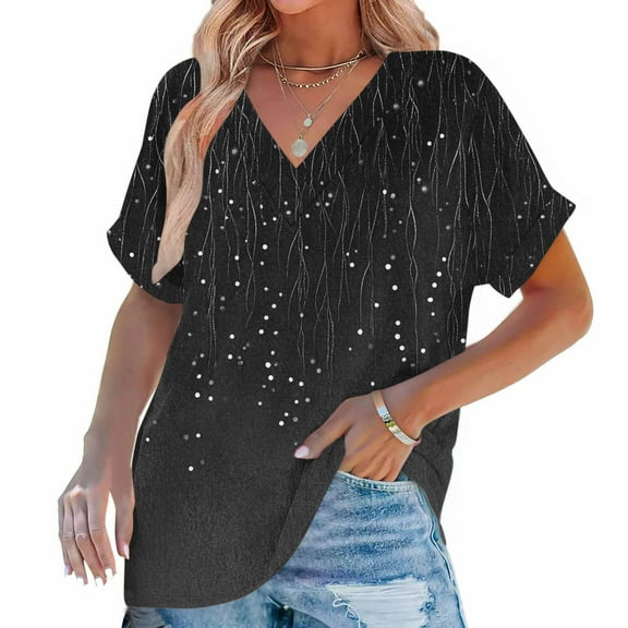 Summer Oversize Shirts for Womens Fashion Printing Short Sleeve Out Blouse Funny V-Neck T-Shirt Blouses