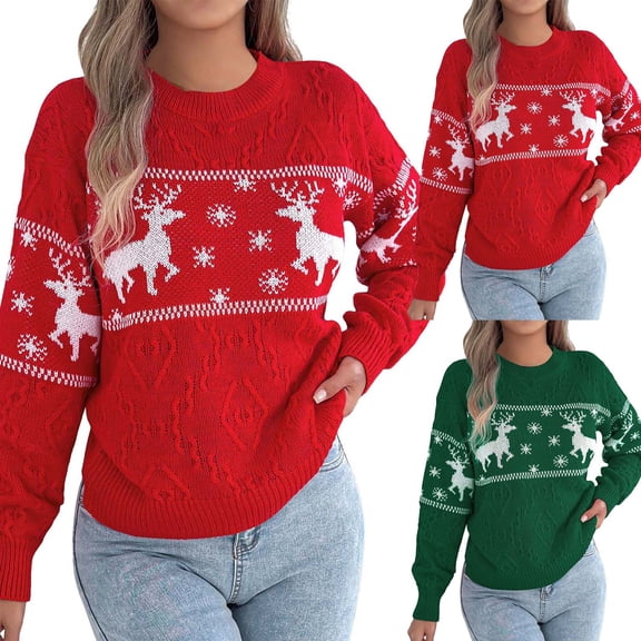zaveiop Women's Cute Reindeer Sweater Crew Neck Long Sleeve Pullover Christmas Sweaters for Women (Green, M)