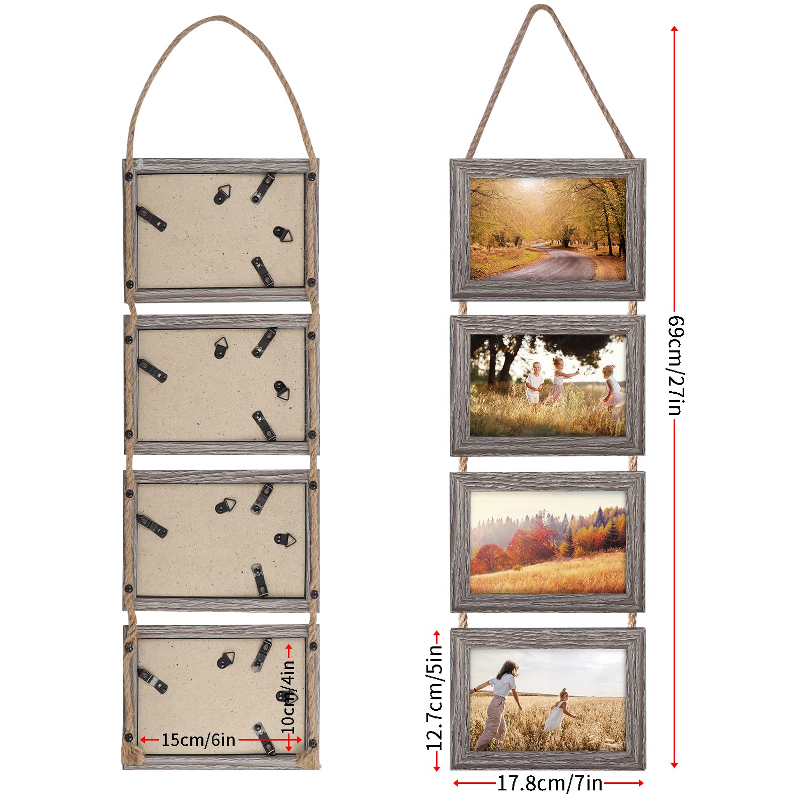 Rustic Wall Hanging 4 x 6 Collage Picture Frame Wooden Bamboo 3-Frame Set  On Hanging Rope