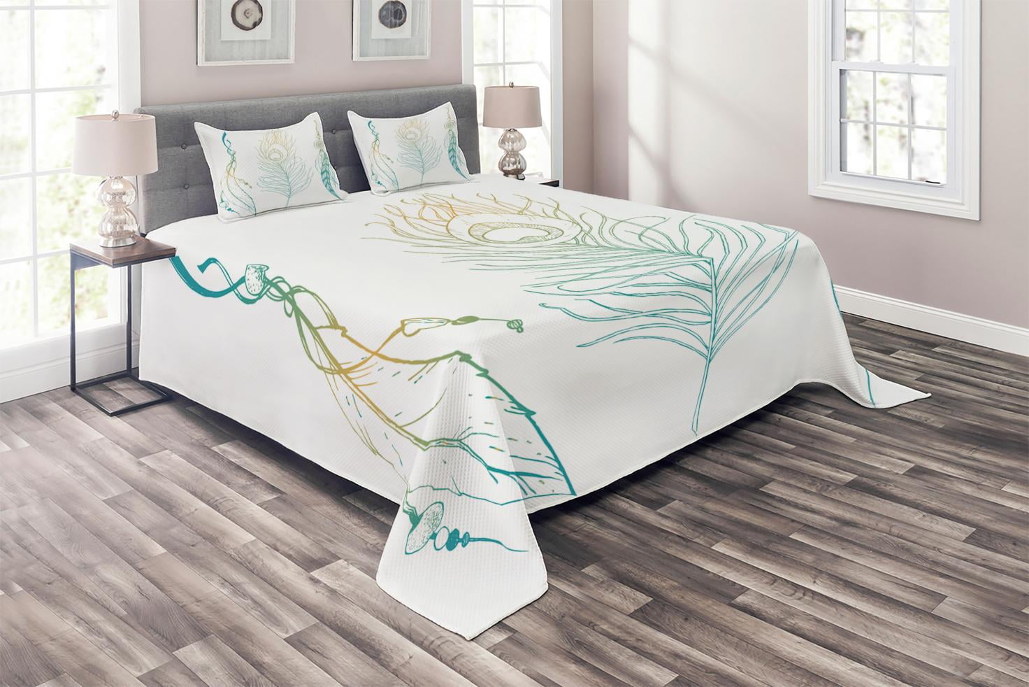 Peacock Coverlet Set Queen Size, Aesthetic First Nations Feather and