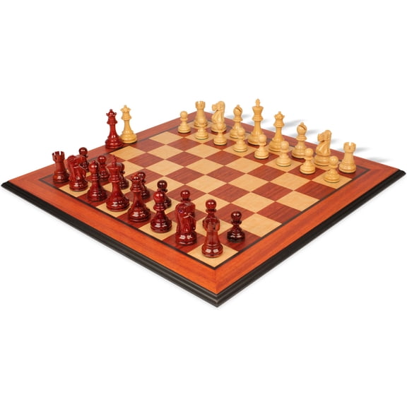 Deluxe Old Club Staunton Chess Set Padauk & Boxwood Pieces with Padauk & Bird's Eye Maple Molded Edge Board - 3.75" King