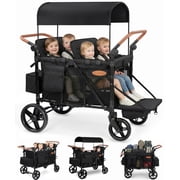 Vomeast Upgrade Wagon Stroller for 4 Kids, 4-Seater Baby Stroller Wagon with Canopy, 5-Point Harness, Adjustable Handle(Black)