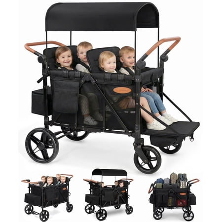 Vomeast Upgrade Wagon Stroller for 4 Kids, 4-Seater Baby Stroller Wagon with Canopy, 5-Point Harness, Adjustable Handle(Black)