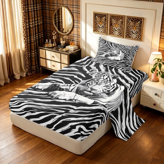 Manfei Graffiti Tiger Twin Sheets, Abstract Zebra Print Bedding, White Gray, 3pcs, 1 Flat Sheet, 1 Fitted Sheet and 1 Pillowcase