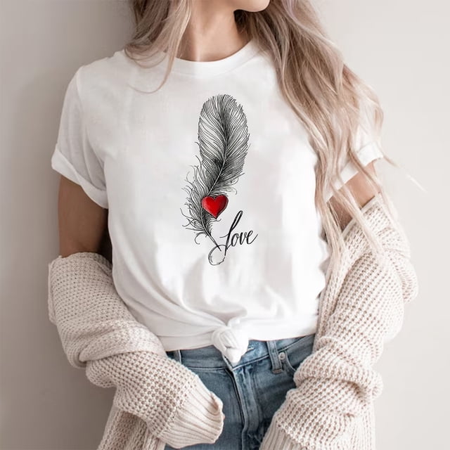 T-Shirt Imprimé pour la Saint-Valentin Col Rond Manches Courtes pour Femmes Léger Doux Décontracté Été Lavage à la Main Eau Froide Fête Usage Quotidien