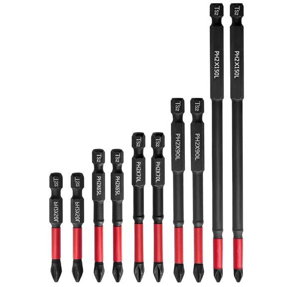 ERUCND-10 Pcs Magnetic PH2 Phillips Bits Set, TS2 Anti Slip Screwdriver Bit Set, #2 Phillips Cross slot Screwdriver Bit 2-6Inch Long Anti Slip #2 Bit Impact Driver Bits(50/65/70/90/150mm)