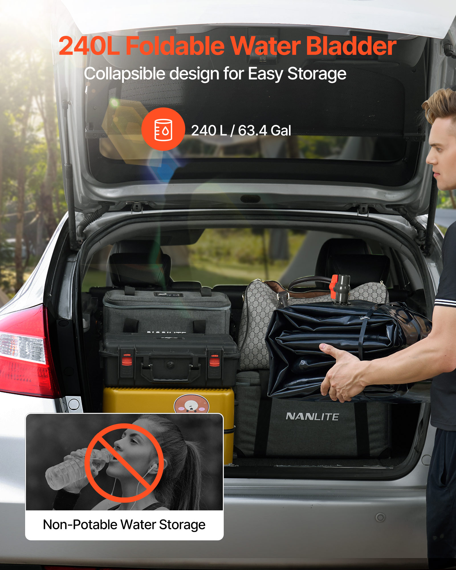 VEVOR Water Storage Bladder, 63.4 Gallon (240L) Water Storage Container Tank, 1000D PVC Large Capacity Soft Bag Bladder, Collapsible Portable for Garden Irrigation,Camping,RVs,Emergency Use - Black