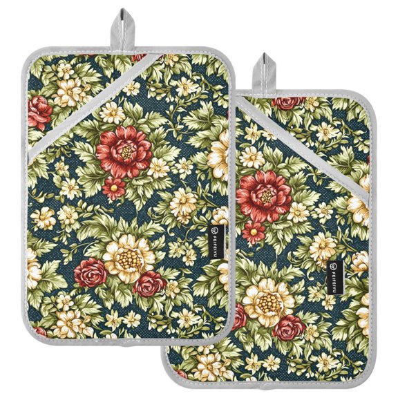 Ryvnso Bloom Flower Pattern Oven Mitts Heat Resistant Pot Holders Set of 2 Hot Pads
