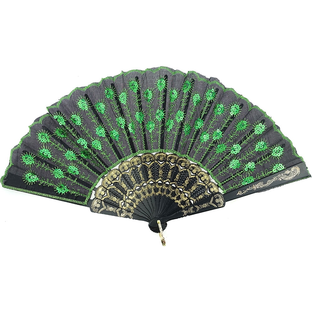 Peacock Pattern Folding Hand Held Fan Embroidered Sequin Lace Party Wedding 