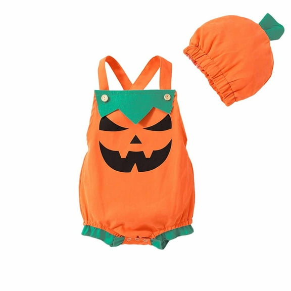 Gelikeya Halloween Clothing for Babies Boys Girls Pumpkin Outfit Rompers Hat 2 Piece Bodysuit Halloween Clothes (#01 Orange, 18-24 Months)