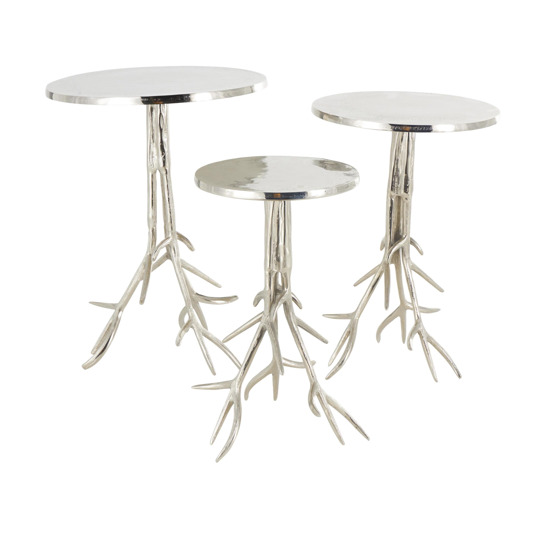 DecMode 18" x 24" Silver Aluminum Metal Accent Table with Textured Tree Branch Legs, 3-Pieces