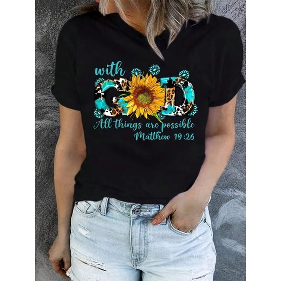 【New Arrival】With God All Things Are Possible Sunflower Leopard Matthew 19:26 Christian Graphic T-Shirt, Women Faith Casual Short Sleeve Tee