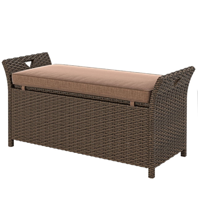 2-in-1 Outdoor Wicker Storage Bench with Tan Cushion, 29 Gallon PE Rattan Deck Box with Steel Frame, Portable 41.3" Patio Seating for Garden, Poolside, Deck and Balcony