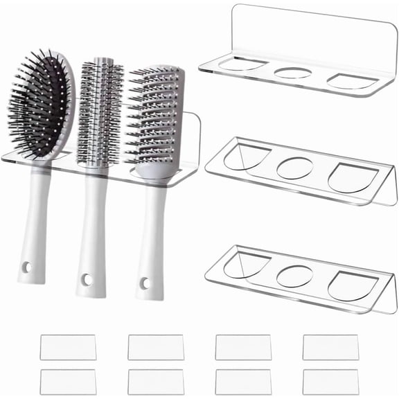 4 Set Hair Tool Organizer Wall Mounted Hair Brush Holder with 3 Holes No-Drill Waterproof Acrylic Comb Holder