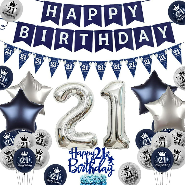 Blue 21st Birthday Decorations for Men Women, Navy Blue Silver Happy 21st Birthday Yard Banner, Blue 21st Birthday Balloons for 21st Birthday