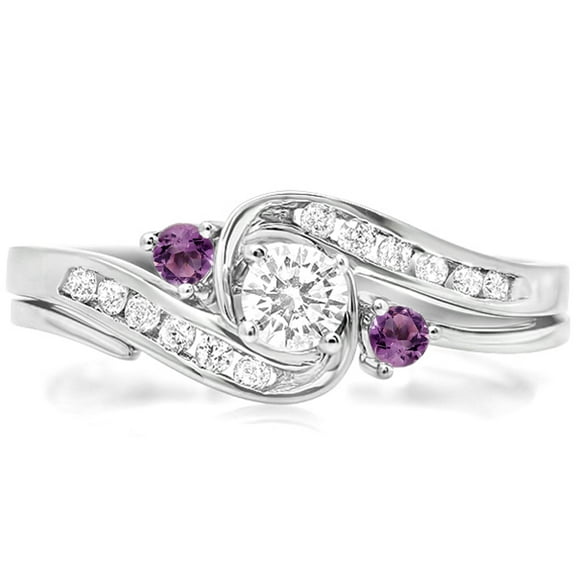 Dazzlingrock Collection 10K Round Amethyst & White Diamond Swirl Bridal Engagement Ring Matching Band Set, White Gold, Size 9