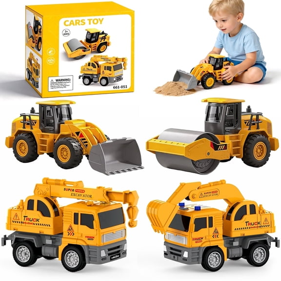 Chuvikid 4 Pcs Construction Truck Toy,Friction Powered Construction Truck Toys with Excavators,Cranes,Bulldozer,Road Roller,Gifts for Boys Ages 3-8