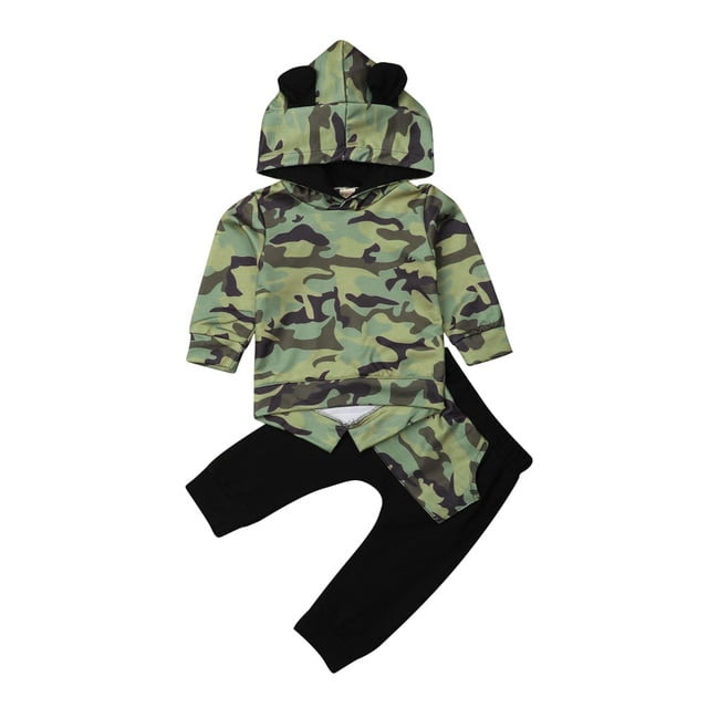 2Pc Toddler Baby Boy Long Sleeved Camouflage Print Hooded Top/&Pants Suit Outfits