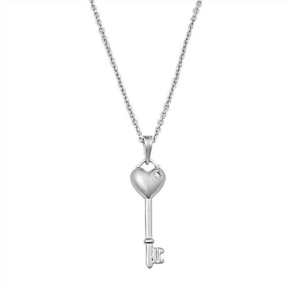 Clear Cubic Zirconia Heart Key Necklace Sterling Silver 16" 1" Extension