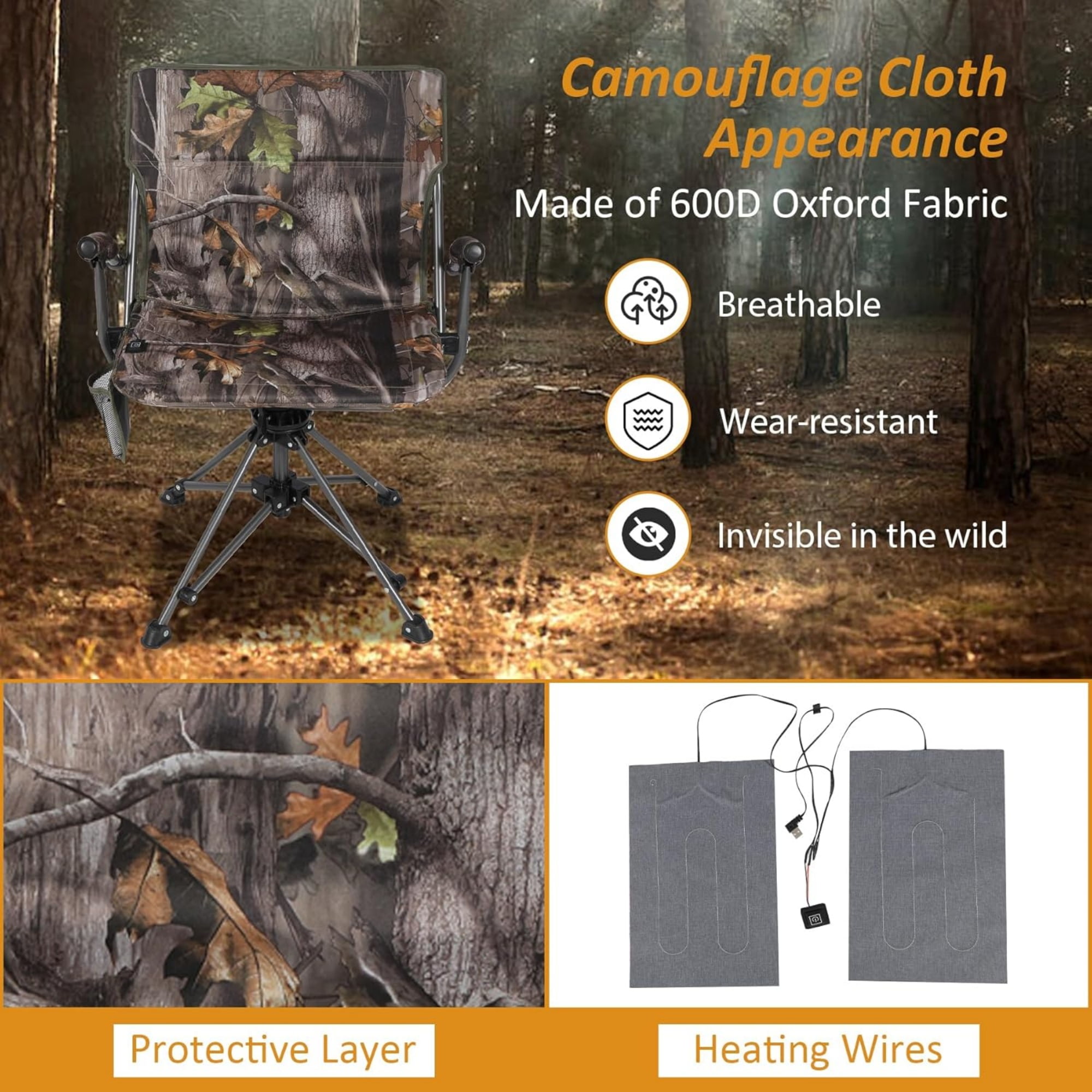 RedSwing 360° Swivel Heated Hunting Chairs for Ground Blinds, Portable Folding Camo Camping Chairs for Adults Hunting Seats Fishing Camping