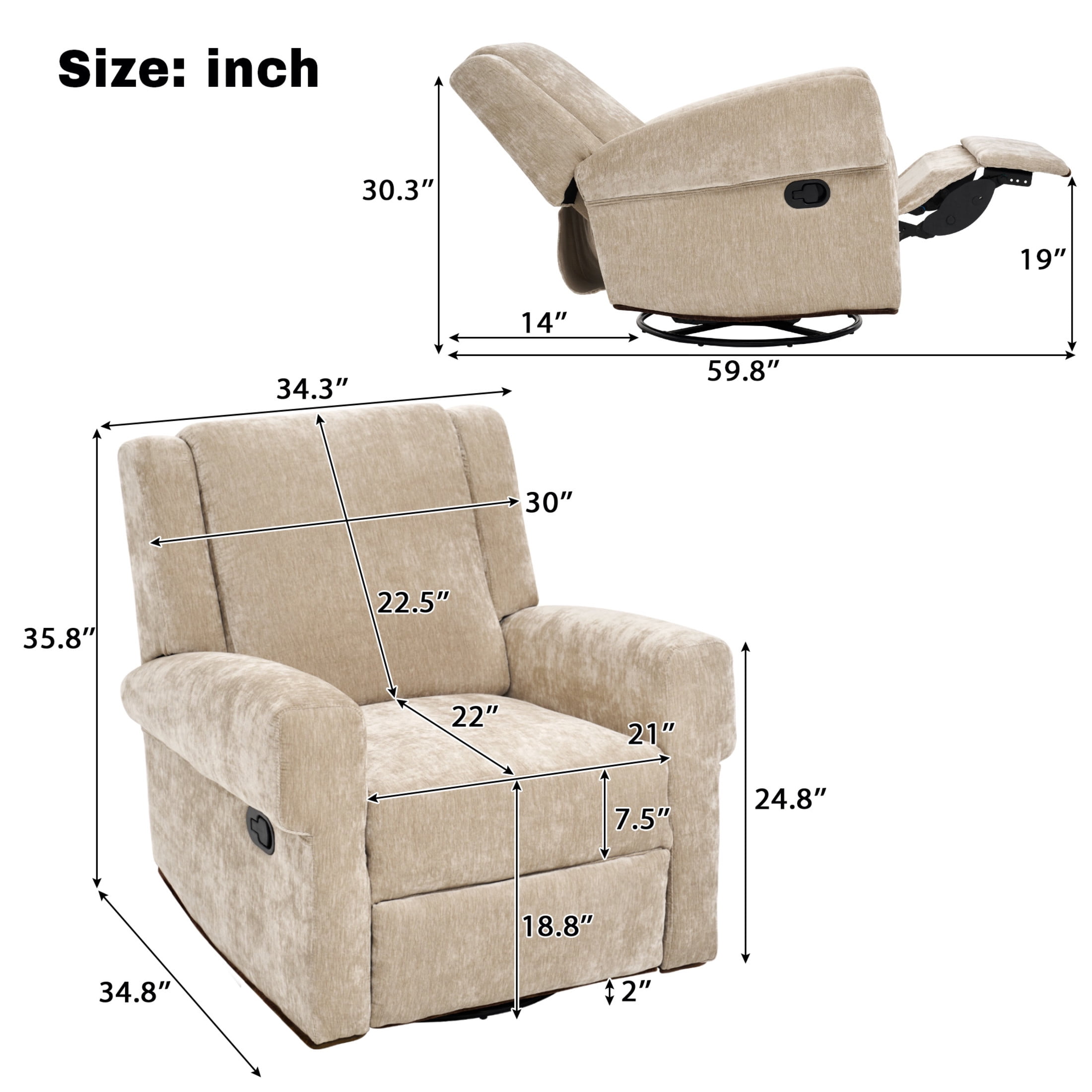 Christopher Knight Home Manual Nursery Recliner, 360° Swivel Rocker Sofa Chair in Chenille Fabric, Brown