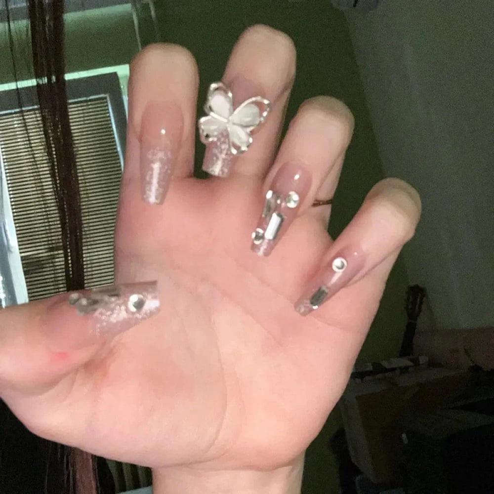 24pcs/box Fake Nails Press on Reusable with Designs Set French Artificial Aurora Diamond False Tipsy Stick-on Nails Tips Art