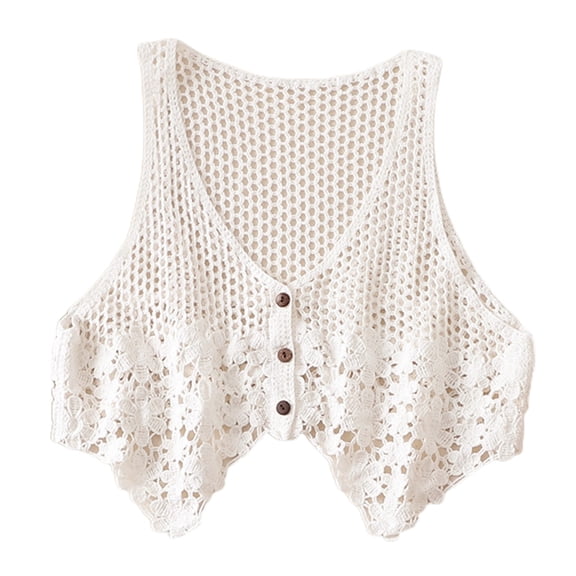 Aellinatey Women Boho Hollow Out Knit Sleeveless Vest Hippie Vintage Crochet Floral Short Cardigan V-Neck Button Down Solid Color Cropped Waistcoat for Jacket