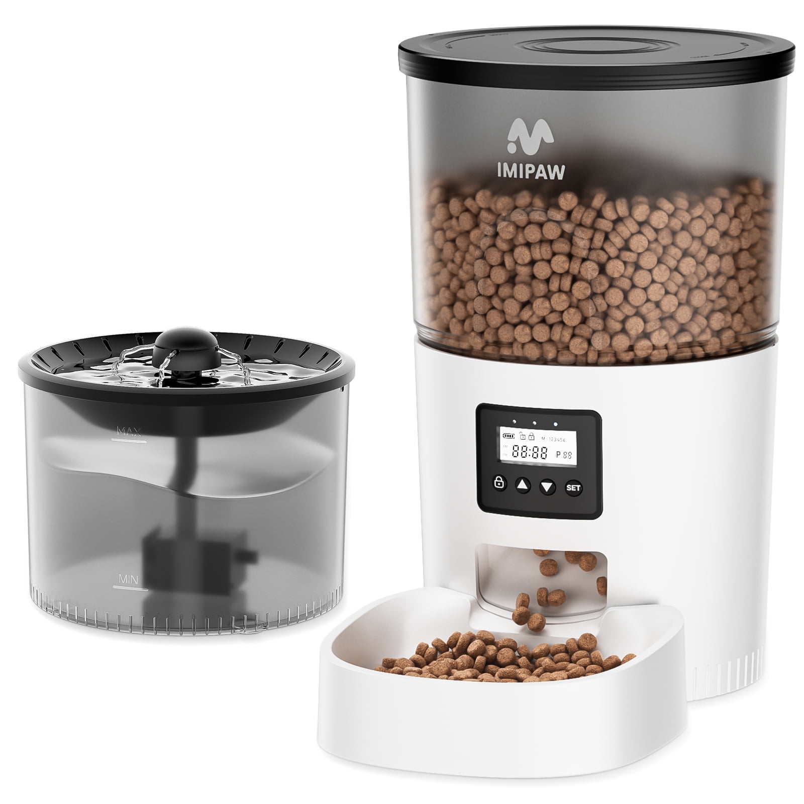 Automatic Cat Feeder and Water Fountain Timed Pet Dry Food Dispenser Programmable Portion Control 1-6 Meals Per Day Cat Fountains for Drinking with Filter Small Pets (3L Combo)
