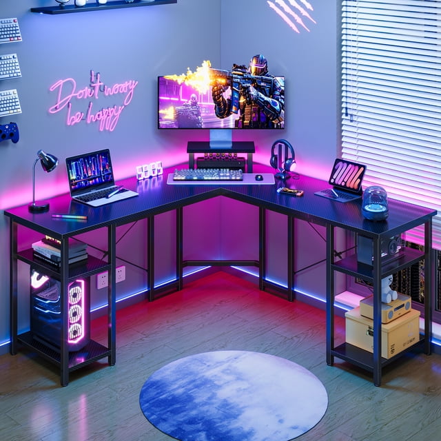 GUNAITO Bureau de Jeu en L avec Support pour CPU, Bureau d'Ordinateur d'Angle Moderne de 61 Pouces, Bureau de Bureau Réversible à 4 Niveaux, Fibre de Carbone Noire