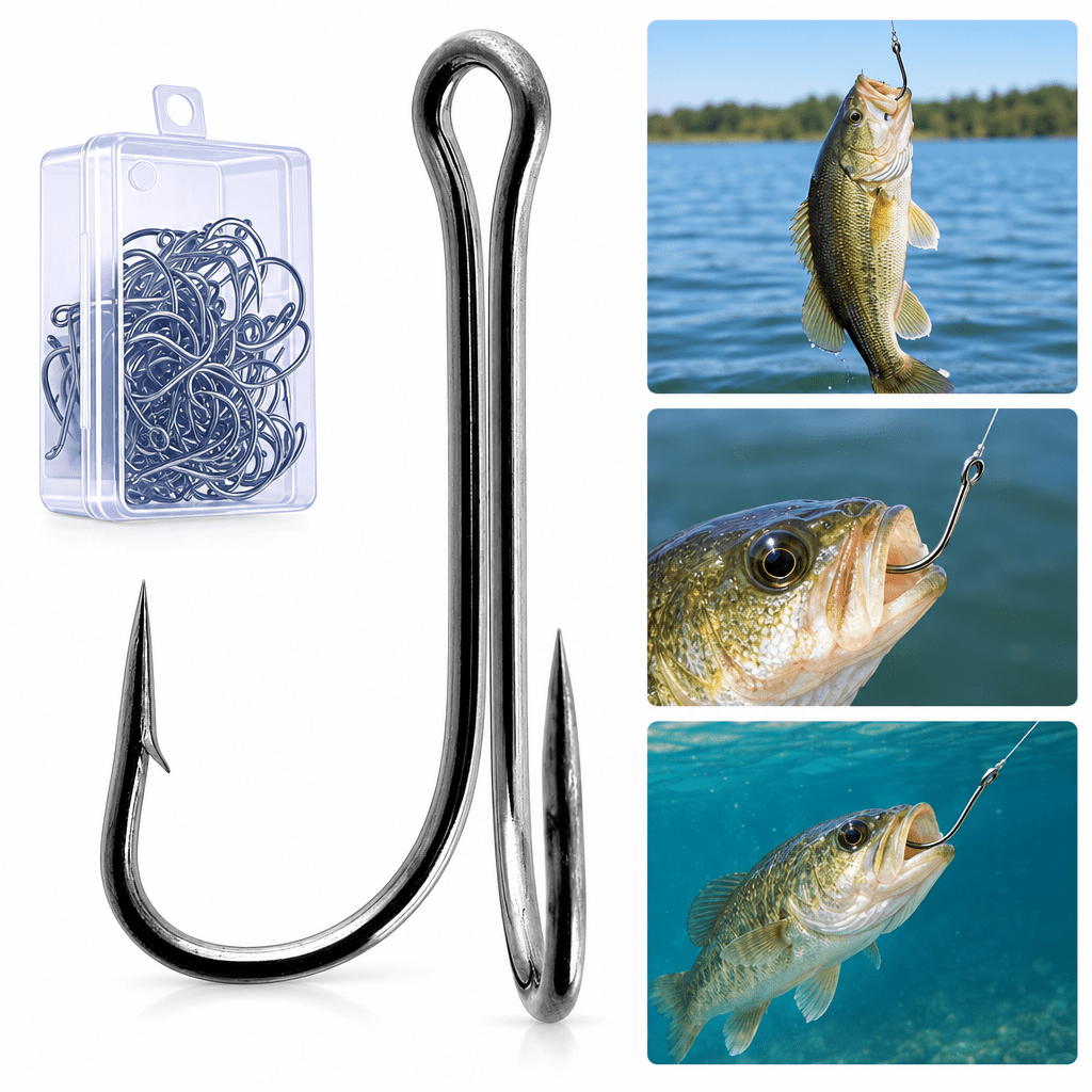 Double Frog Hooks 30 Pack High Carbon Steel 2X Strong Wide Gap for Bass Fishing Saltwater Freshwater