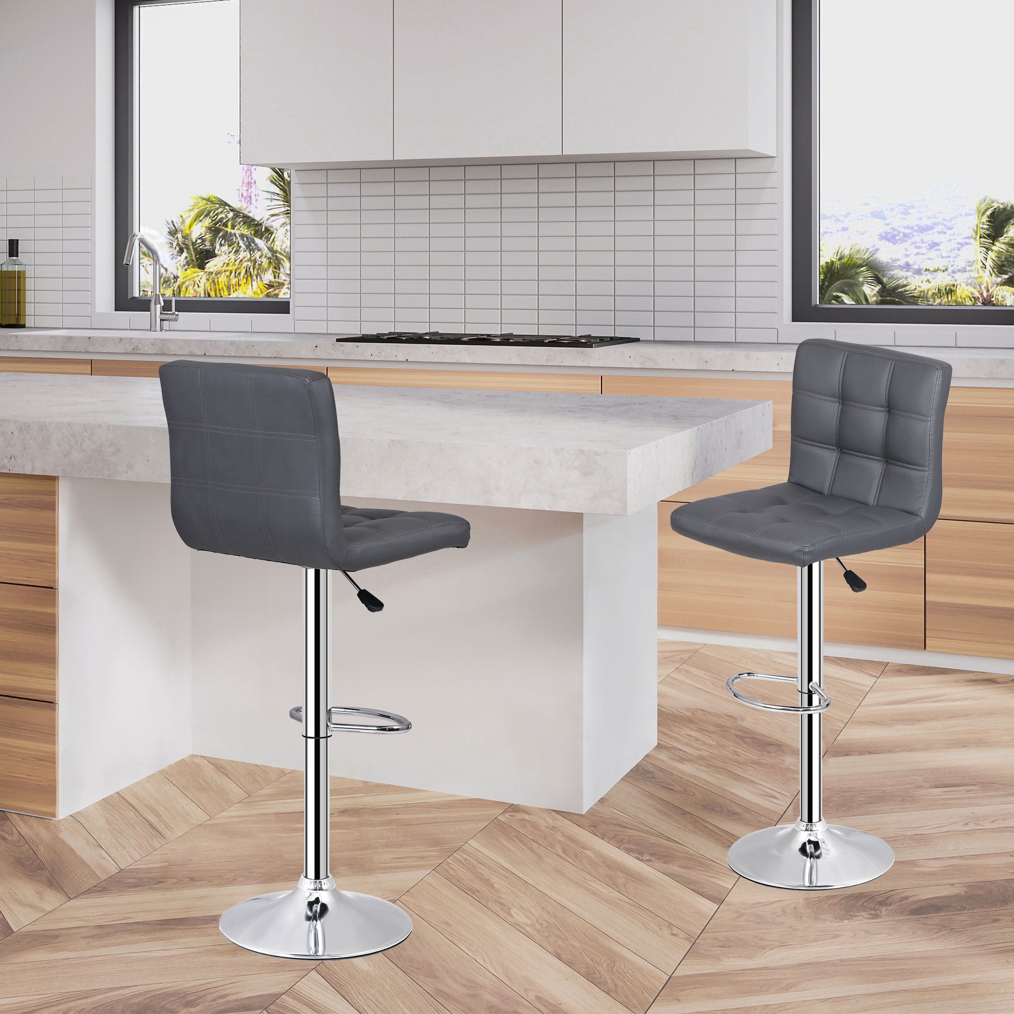 ZenSports Set of 4 Adjustable Stool W/Back - PU Leather Swivel Barstools Bar Indoor Kitchen Counter Stool Gray