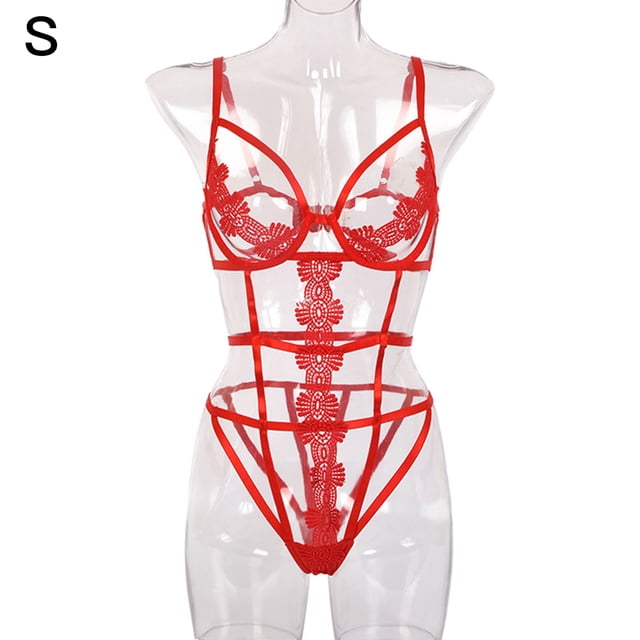 Mono de lencería sexy body de vendaje erótico de encaje de flores huecas, S, rojo kenally XX000114-01