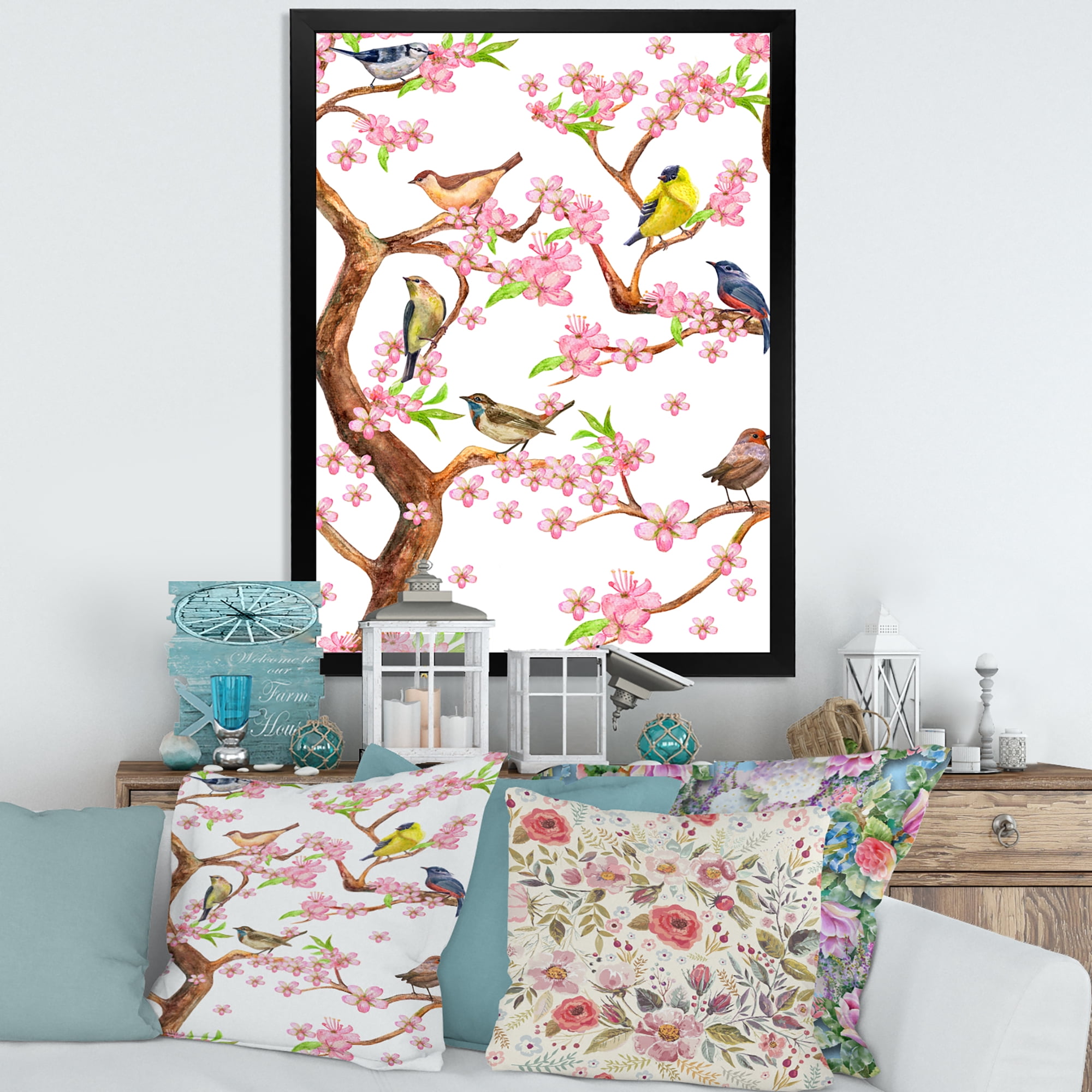 Colorful Little Birds On Spring Flowers Tree 30 in x 40 in Framed Painting Canvas Art Print, by Designart
