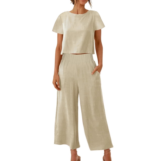 zanvin Ensembles 2 Pcs pour Femmes, Ensembles Assortis d'Été 2 Pcs pour Détente pour Femmes, Tenues Unies en Lin, Hauts à Col Rond à Manches Courtes et Pantalons Longs, Survêtements