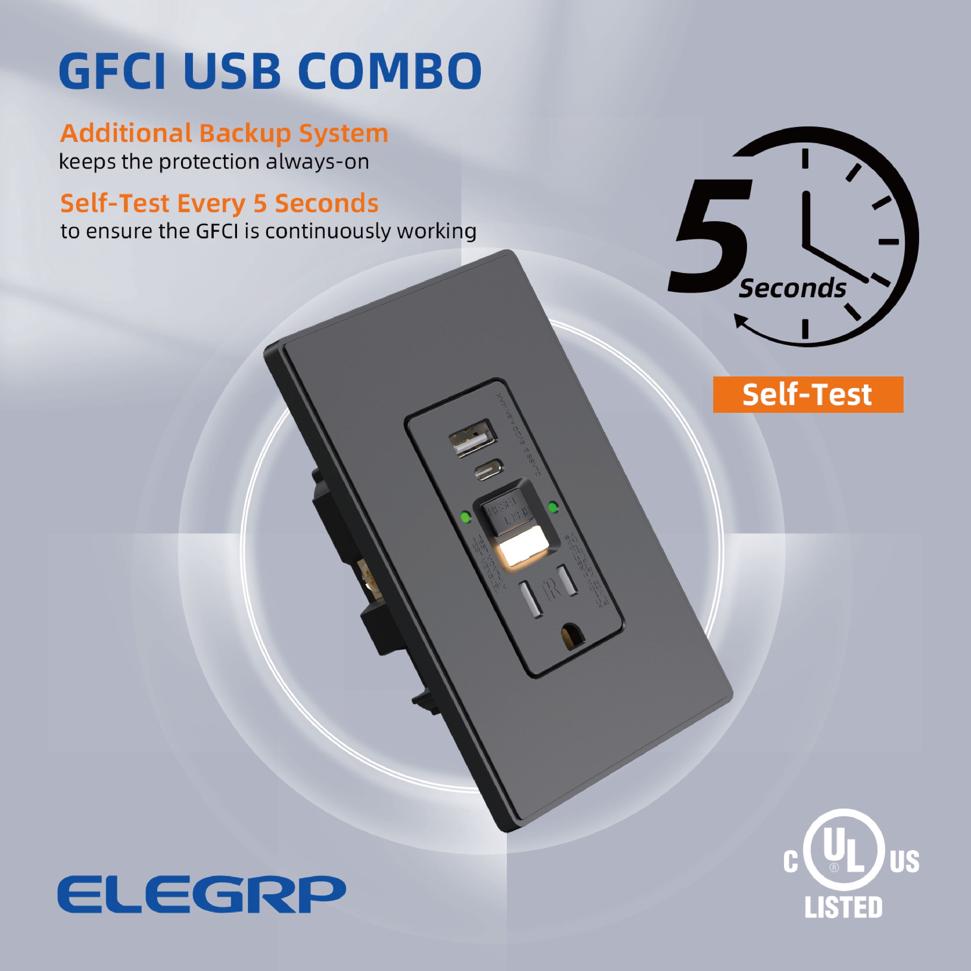 ELEGRP 15 Amp Tamper Resistant Self-Test GFCI Outlet with Night Light, 24W In-Wall USB Charger combo Receptacle, Type A & Type C, Midsize Screwless Wall Plate included, UL & CUL Listed, Black, 1 pack