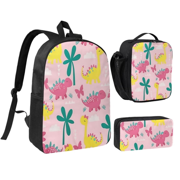 Cute Pink Dinosaur Backpack Set 3pc ，Backpack with Lunch Bag and Bag 17 Inch