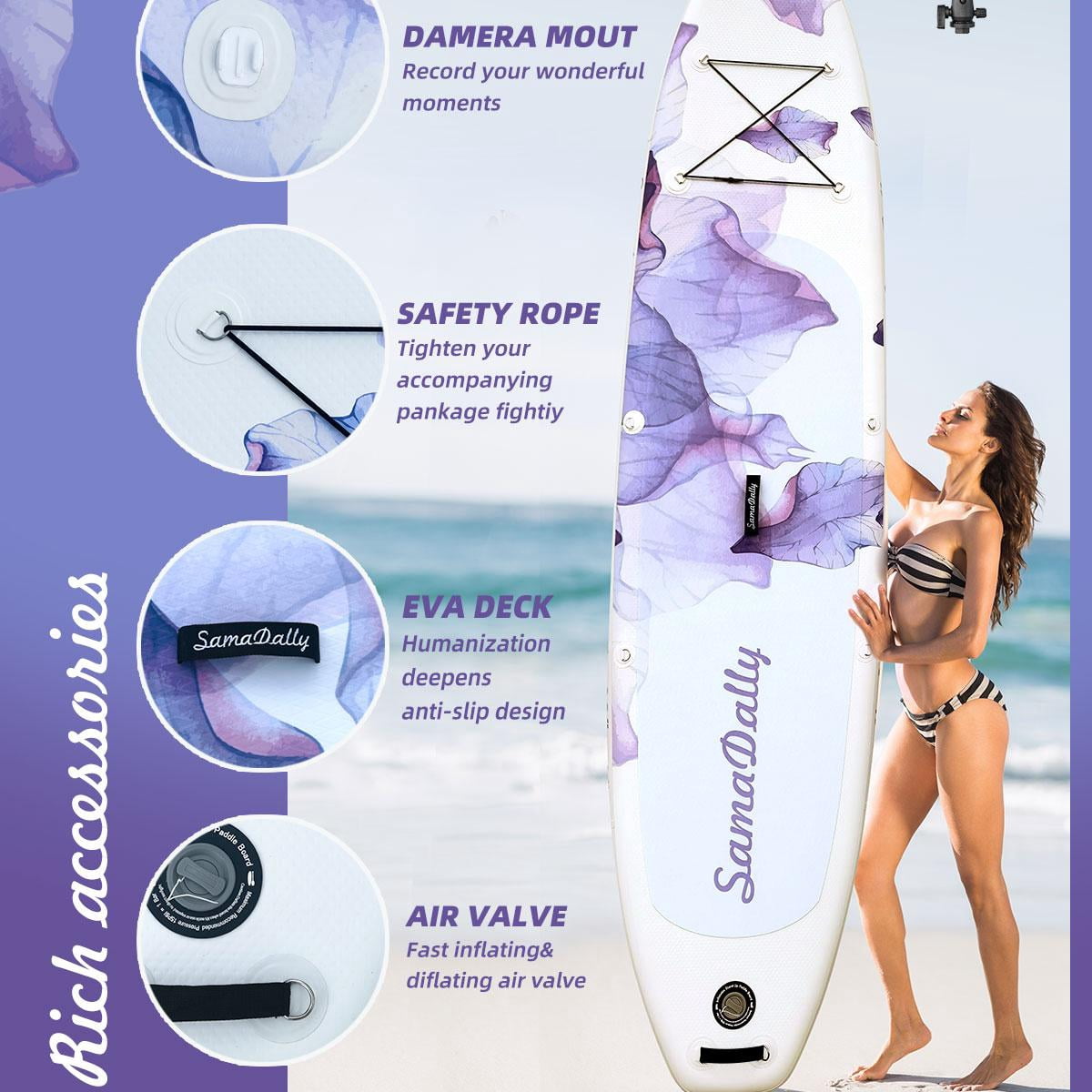 SamaDally 10.6' Inflatable Stand Up Paddle Boards, 32" Paddle Board of All Skill Levels with Complete Inflatble SUP Accessories, Hand Pump, Waterproof Bag, Removable Fin, Leash (Purple Flower)