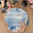 thumbnail image 3 of Orange Navy Blue Coral Round 13 Inch Placemats Set of 8, Summer Beach Coastal Ocean Blue Wood HeatResistant Non Slip Place Mats for Dining Table, Wipeable Braided Kitchen Table Mats for Housewarming, 3 of 9