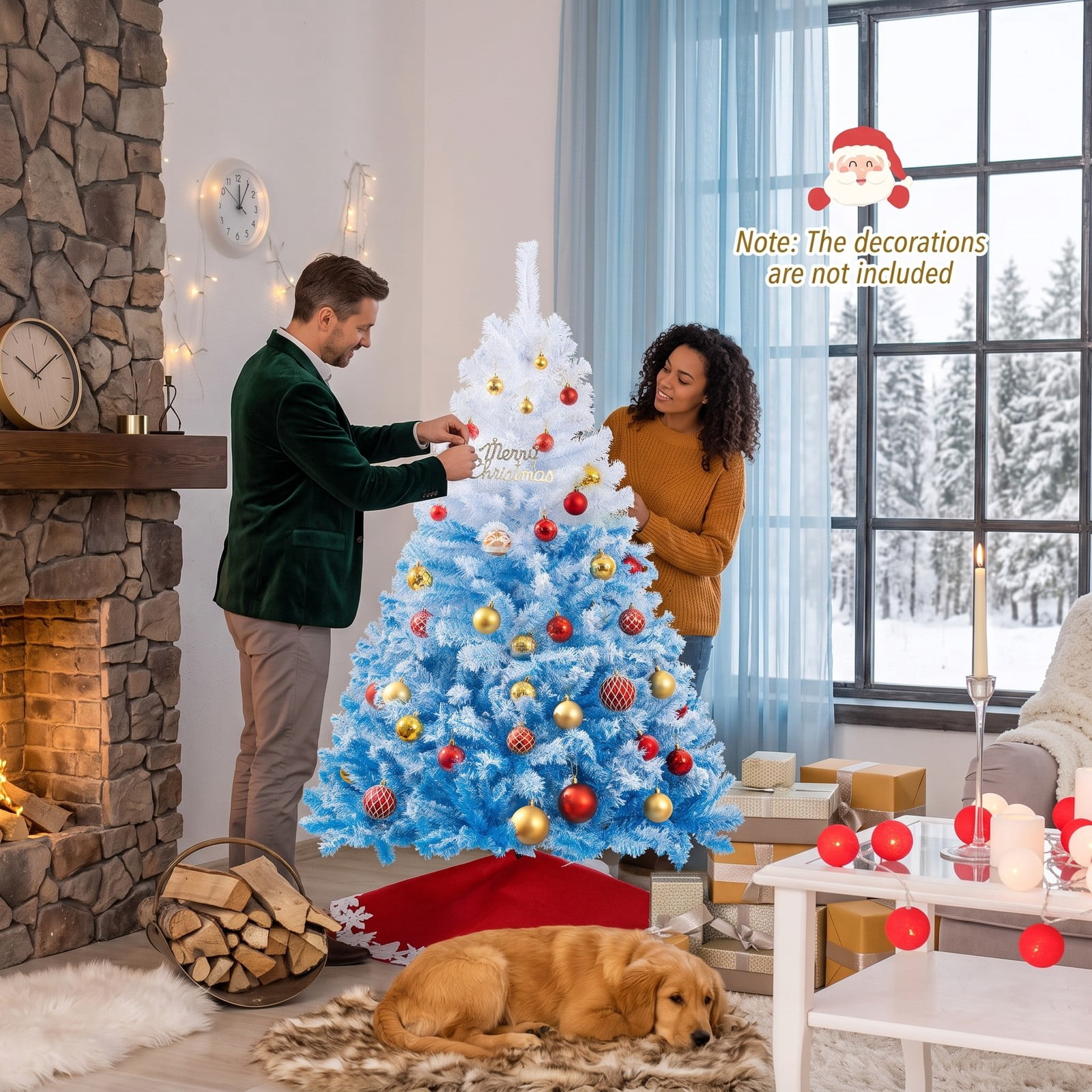 RUIE 5FT Artificial Christmas Tree, 456 Branch Tips Snow-Flocked Gradient Pine Xmas Tree with Folding Metal Stand for Home Office Holiday Decor, White & Blue