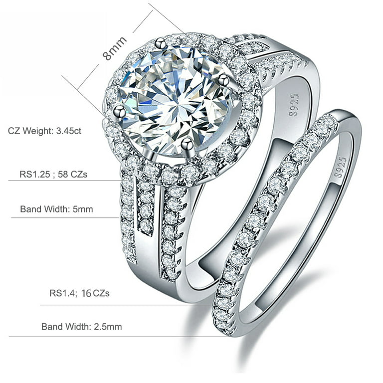 925 Sterling Silver Cz Halo Wedding Band Engagement Rings Set Size