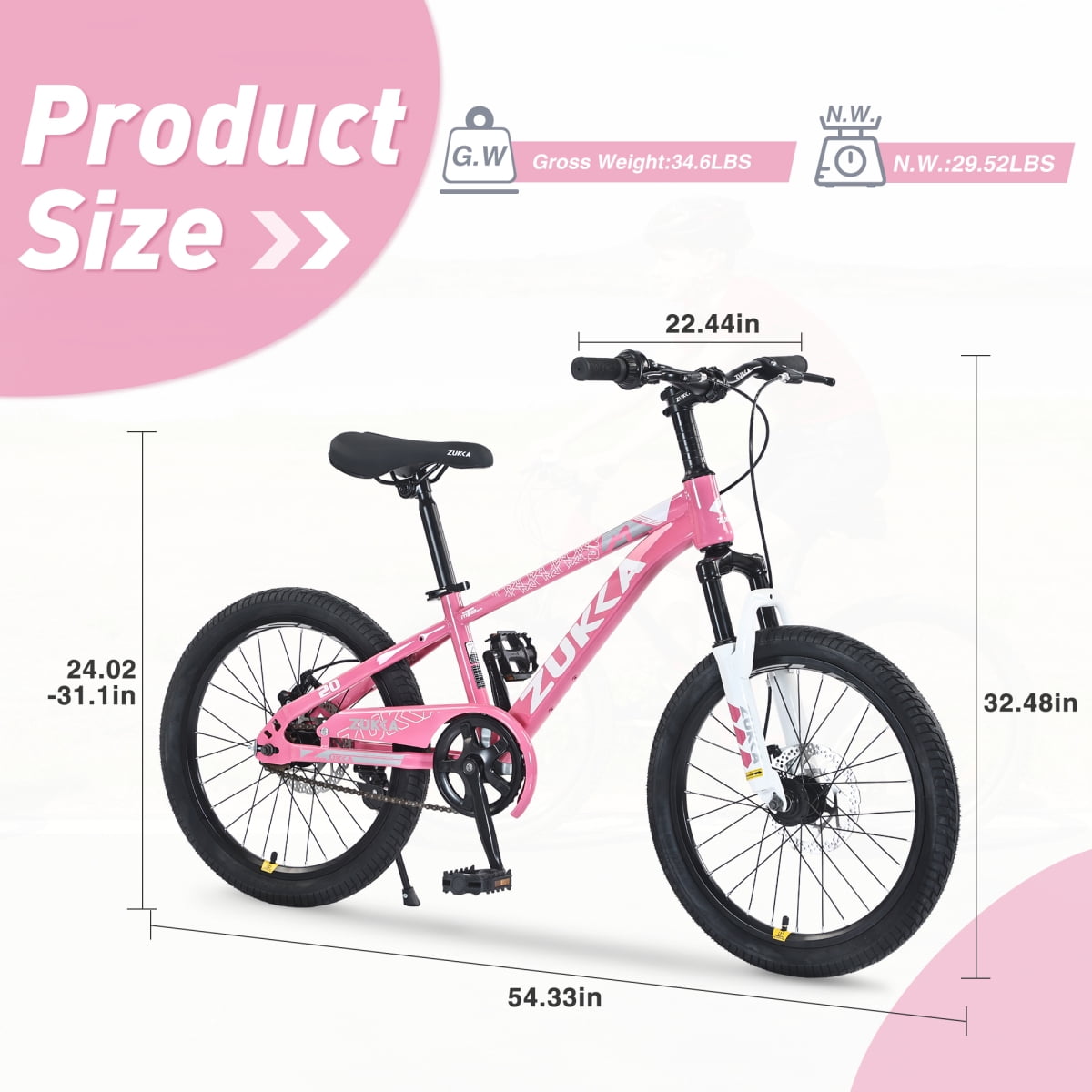 LuckyNote Mountain Bike 20 Inch MTB, Steel Frame, Single Speed, Front and Rear Disc Brakes, Pink
