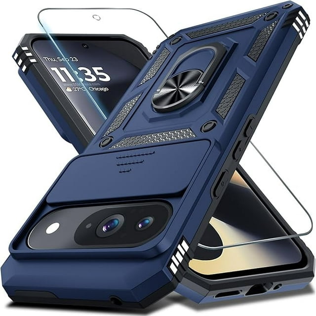 KOMI Compatible with Google Pixel 7a Case Built in Slide Camera Lens Cover+Screen Protector+Finger Ring Holder Kickstand,Heavy Duty Shockproof Full Body Protective Phone Cover, 2023 Blue