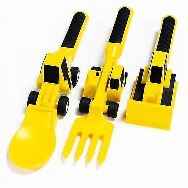 Juego de utensilios para niños con temática de construcción, tenedor y cuchara, para niños pequeños (3 piezas), amarillo