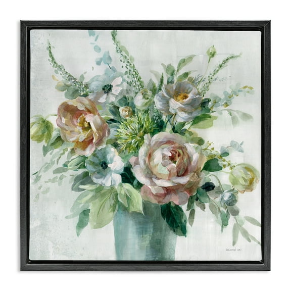 Stupell Industries Sage & Peach Blossoms Botanical & Floral Painting Black Floater Framed Art Print Wall Art, 18 x 18
