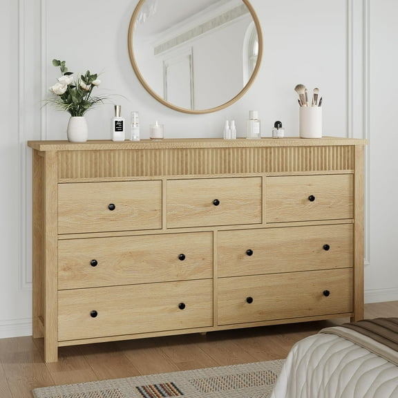 7 Drawer Dresser for Bedroom – Wooden Chest of Drawers with Fluted Design, TV Stand & Storage Organizer for Living Room, Hallway & Entryway