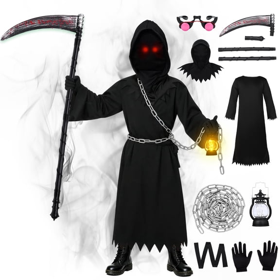 Forfamy Grim Reaper Costume, Scary Halloween Costume with Red Eyes Scythe Chain Grim Halloween Cape Robe,Halloween Cloak Outfit Fancy Dress